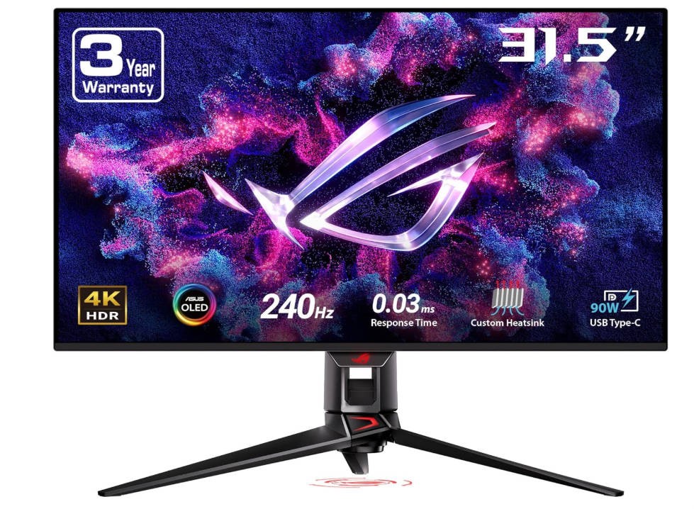 ASUS ROG Swift 32” 4K OLED Gaming Monitor (PG32UCDM) - UHD (3840 x 2160), QD-OLED, 240Hz, 0.03ms, G-SYNC Compatible, Custom Heatsink, Graphene Film, 99% DCI-P3, True 10-bit, 90W USB-C
